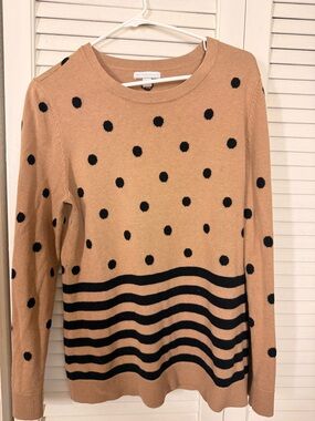 New York & Company Tan Crewneck Polka Dot & Stripe Sweater